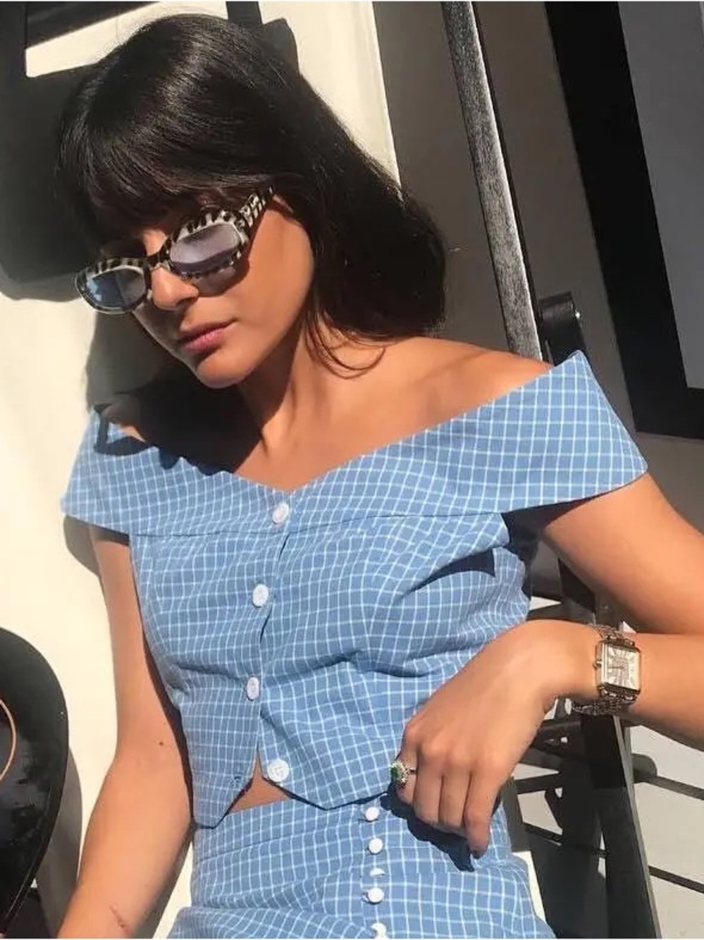 NWT🔖Petite Studio Off-Shoulder Blue Checked Crop Top size XXS